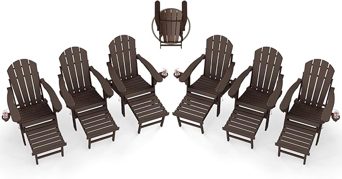 BRIOPAWS Adirondack-Chairs-with-Pull-Out-Footrest | Set of 4 | Folding | HDPE Plastic | Fire Pit Chair | All Weather | Cup Holders | Curved Back | Retractable Ottoman | for Poolside Deck | Dark Brown