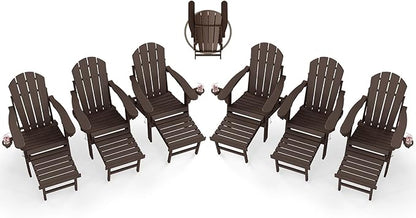 BRIOPAWS Adirondack-Chairs-with-Pull-Out-Footrest | Set of 4 | Folding | HDPE Plastic | Fire Pit Chair | All Weather | Cup Holders | Curved Back | Retractable Ottoman | for Poolside Deck | Dark Brown