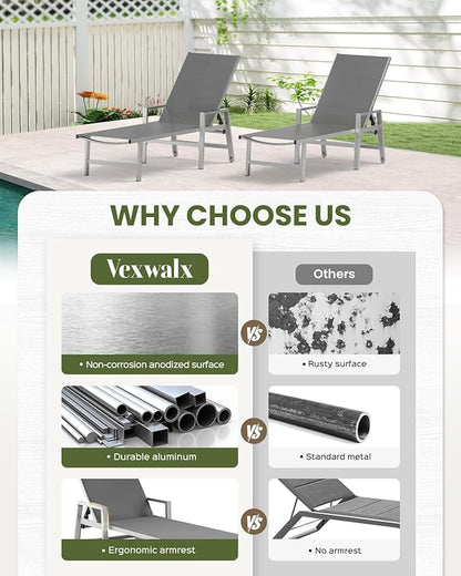 Patio Chaise Lounge Chair Outdoor Set of 2 with Wheels&Armrests, Aluminum Pool Lounge Chairs Five-Position Adjustable Recliner, Outdoor Beach Lounge Chairs for Poolside, Lawn, Deck, Yard, Dark Gray