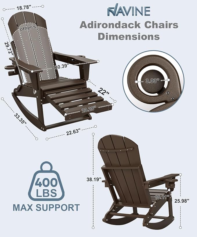 Adirondack Rocking Chairs Set of 6 with Retractable Ottoman, All Weather Folding Adirondack Chair with Two Cup Holders, Adirondack Outdoor Rocking Chairs for Porch, Patio, Balcony. Coffee