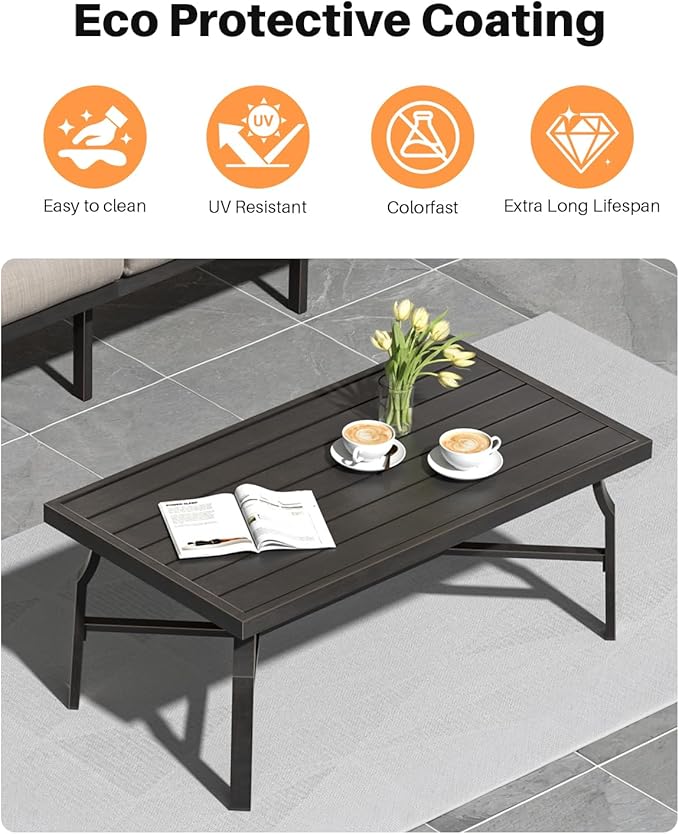 Outdoor Coffee Table, Never-Rust Aluminum Patio Coffee Table, Rectangle Outside Garden Table with Slatted Tabletop - Photo 8