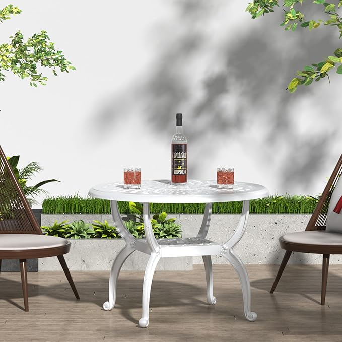 Round Outdoor Coffee Table Set of 2, Cast Aluminum Side Table with Storage,Indoor End Table, All-Weather Bistro Table for Patio Garden Lawn, White