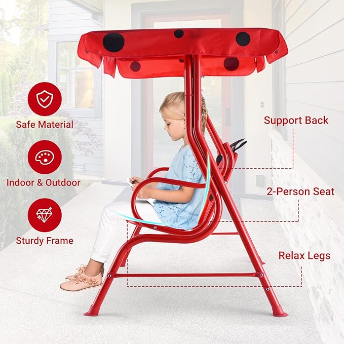 Costzon Kids Porch Swing, All-Weather Patio Swing Bench Hammock w/Adjustable Canopy & Safety Belts for 2 Children - Photo 6