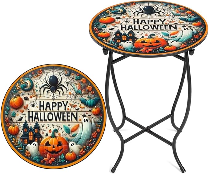 Personality Round Side Table, 14” Funny Patio Accent Weather Resistant Metal Side Table for Livingroom Patio Balcony Yard Porch Garden