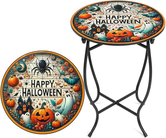 Personality Round Side Table, 14” Funny Patio Accent Weather Resistant Metal Side Table for Livingroom Patio Balcony Yard Porch Garden