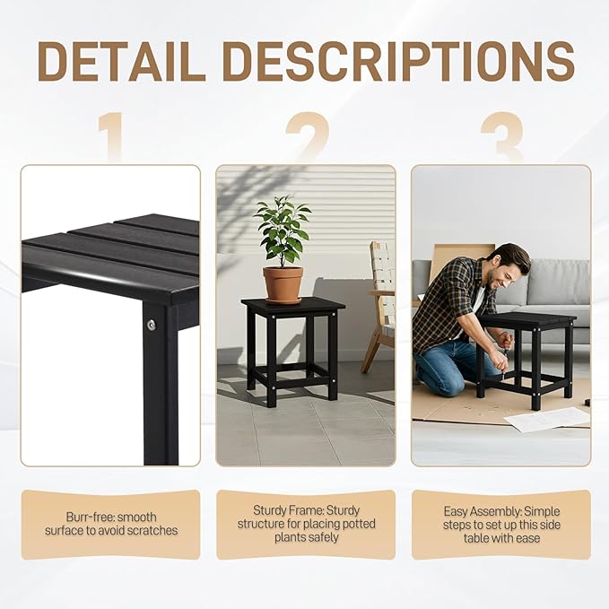 Outvita Adirondack Side Table, 14 Inch Square Outdoor End Table, HDPE Weather Resistant Coffee Table for Patio Balcony Deck Garden, Black