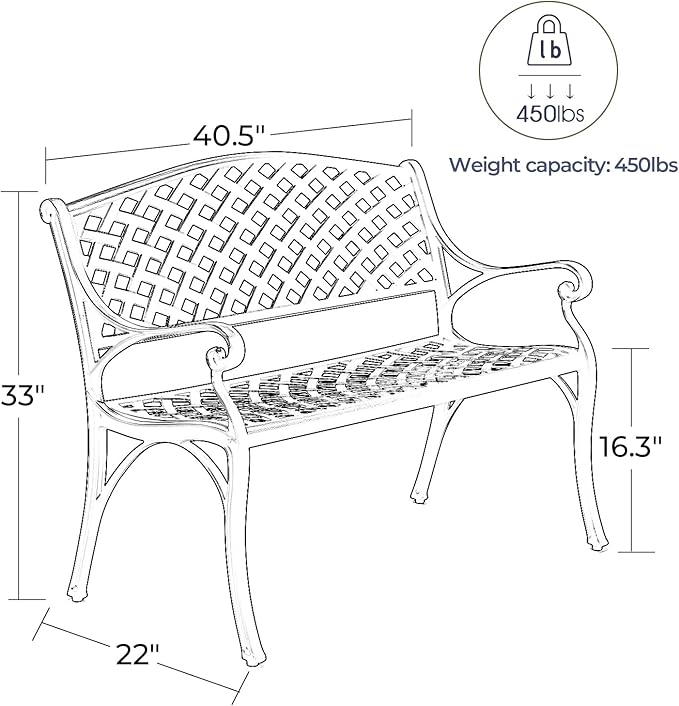 Laurel Canyon 41" Outdoor Patio Bench, Cast Aluminum Construction Furniture Chair, 2-Person Seating for Porch Backyard Garden Pool Deck, Black