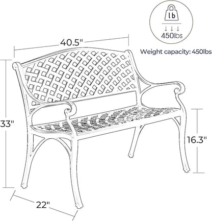 Laurel Canyon 41" Outdoor Patio Bench, Cast Aluminum Construction Furniture Chair, 2-Person Seating for Porch Backyard Garden Pool Deck, Black