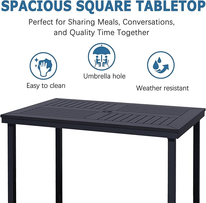 47" Rectangle Patio Dining Table for 6, All-Weather Patio Table with Umbrella Hole, Outdoor Dining Table for Lawn Garden Porch, Black