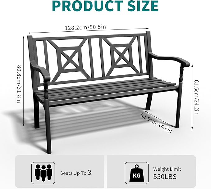 Metal Bench Patio Bench, Outdoor Benches Weatherproof with Lattice Backrest, Wrought Iron Garden Benches for Outdoors, Patio, Garden, Park, 2 Pack