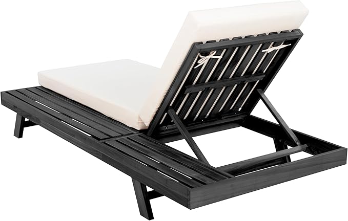 Christopher Knight Home Dami Patio Chaise Lounge Chair Outdoor with 4-Thick Cushion, Acacia Wood Poolside Sun Lounger with Space Available On One Side, Adjustable Backrest Pool Lounger, Black + Cream