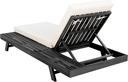 Christopher Knight Home Dami Patio Chaise Lounge Chair Outdoor with 4-Thick Cushion, Acacia Wood Poolside Sun Lounger with Space Available On One Side, Adjustable Backrest Pool Lounger, Black + Cream