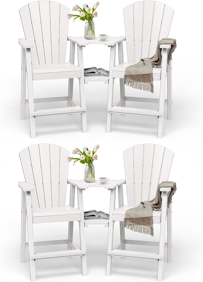 Tall Adirondack Chairs Set of 4, HDPE High Adirondack Chairs with Double Removable Trays, All Weather Outdoor Barstools for Patio, Balcony, Backyard, Deck and Garden, White