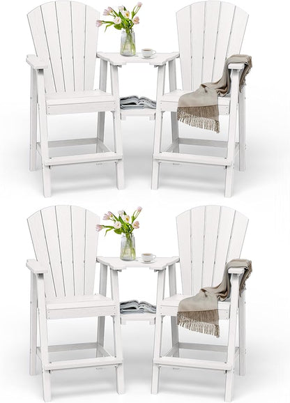 Tall Adirondack Chairs Set of 4, HDPE High Adirondack Chairs with Double Removable Trays, All Weather Outdoor Barstools for Patio, Balcony, Backyard, Deck and Garden, White