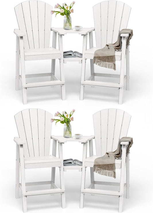 Tall Adirondack Chairs Set of 4, HDPE High Adirondack Chairs with Double Removable Trays, All Weather Outdoor Barstools for Patio, Balcony, Backyard, Deck and Garden, White