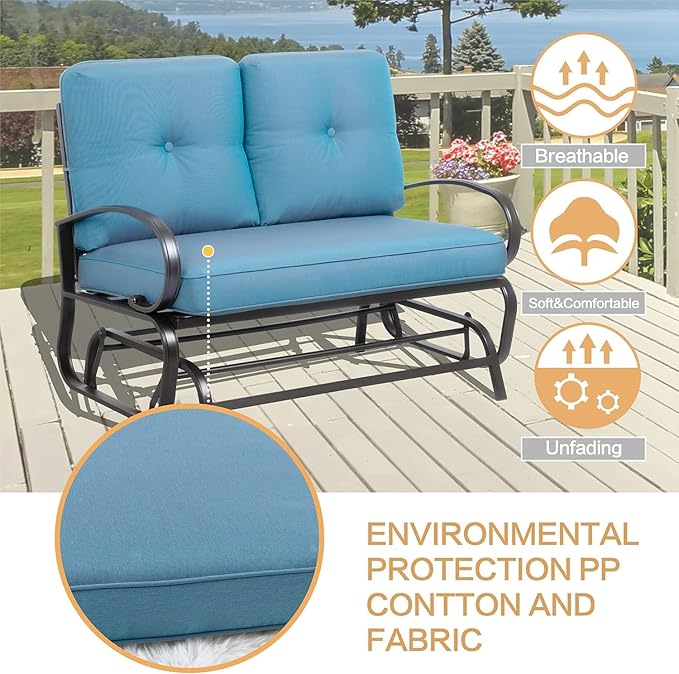 JY QAQA Patio Outdoor Metal Gliders Rocking Bench, Garden Porch Furniture Glider, Wrought Iron Chair Set with Cushion - Photo 5