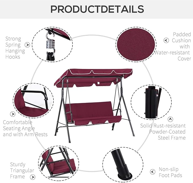 Outsunny 3-Seat Outdoor Patio Swing Chair with Removable Cushion, Steel Frame Stand and Adjustable Tilt Canopy for Patio - Photo 6