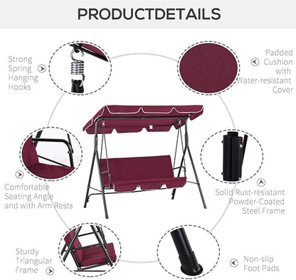Outsunny 3-Seat Outdoor Patio Swing Chair with Removable Cushion, Steel Frame Stand and Adjustable Tilt Canopy for Patio, Garden, Poolside, Balcony, Backyard, Wine Red