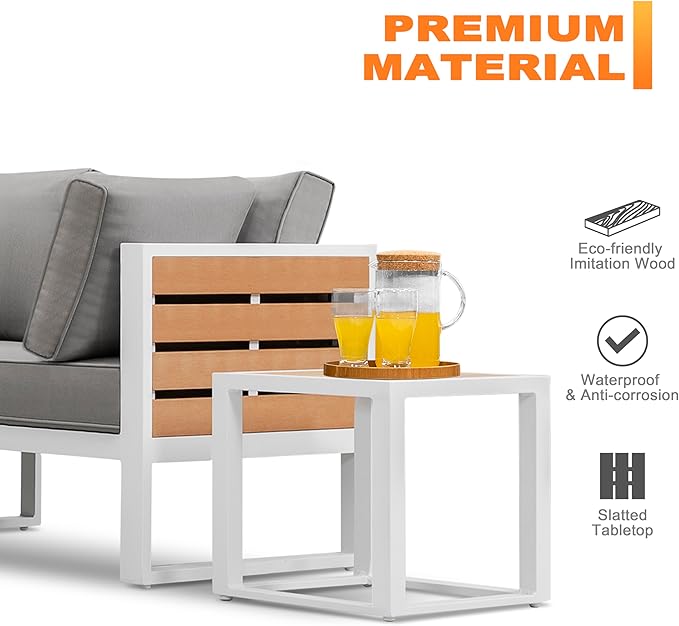 Outdoor Sofa Set, 18 Inch Square Slatted Side Table, 2 Armchairs, 4.7'' Thick Cushions and Pillows, Powder-Coated Aluminum and Imitation Wood Frame, Polyester Fabric, for Patio, Garden and Backyard