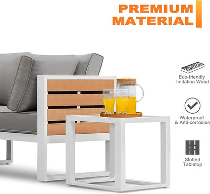 Outdoor Sofa Set, 18 Inch Square Slatted Side Table, 2 Armchairs, 4.7'' Thick Cushions and Pillows, Powder-Coated Aluminum and Imitation Wood Frame, Polyester Fabric, for Patio, Garden and Backyard