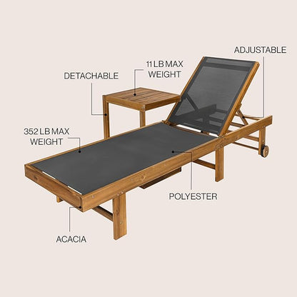 JONATHAN Y LNG1101A-2SET Trabuco Coastal Modern Acacia Wood Mesh 3-Position Outdoor Foldable Chaise Lounge Set with Side Table for Pool, Deck, Poolside, Dark Gray/Teak Brown