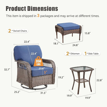 5 Pieces Patio Furniture Set, All Weather Wicker Swivel Rocker Patio Chairs with Ottomans Rattan Side Table, Outdoor Seating Furniture Conversation Sets for Deck Porch Sunroom, Blue