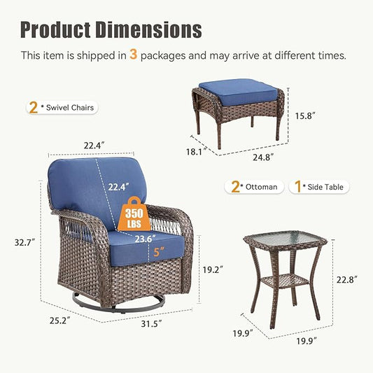 5 Pieces Patio Furniture Set, All Weather Wicker Swivel Rocker Patio Chairs with Ottomans Rattan Side Table, Outdoor Seating Furniture Conversation Sets for Deck Porch Sunroom, Blue