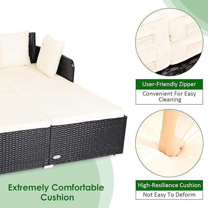 COSTWAY Outdoor Patio Rattan Daybed, Sponge Cushioned Loveseat Sofa with 4 Pillows, Wicker Furniture Sunbed for Balcony - Photo 8