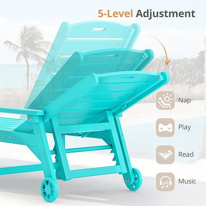 LUE BONA Outdoor Chaise Lounge Chairs Set of 2, HDPS Chaise Lounger, 5 Positions Adjustable Lounge Chairs, Pool Lounge Chair with Wheels for Poolside, Aruba Blue