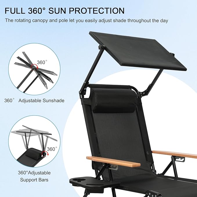Folding Lounge Chairs for Outside, Beach Patio Lounge Chair with Canopy, Sunbathing/Tanning Chair with 4 Adjustable Backrest & Cup & Pillow,Holds 330 Lb, Outdoor Garden Pool