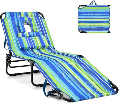 GYMAX Tanning Chair, 330lbs Beach Lounge Chair with Face Hole, Washable Pillow & Carry Strap, Adjustable Folding Chaise Lounge, Layout Chair for Outside, Patio, Poolside, Lawn (1, Stripe)