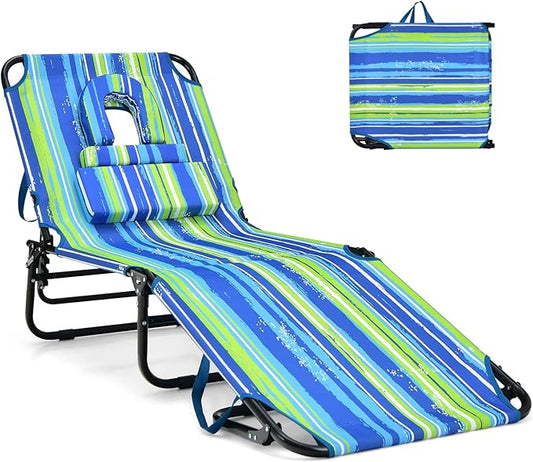 GYMAX Tanning Chair, 330lbs Beach Lounge Chair with Face Hole, Washable Pillow & Carry Strap, Adjustable Folding Chaise Lounge, Layout Chair for Outside, Patio, Poolside, Lawn (1, Stripe)