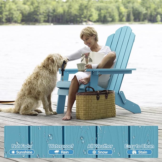 MXIMU Folding Adirondack Chair for Outdoor: Easy Assembly Adirondack Chairs Set of 8 - Composite Plastic Fire Pit Chairs - All Weather Plastic Chair for Outside Patio Lawn Garden Backyard Use