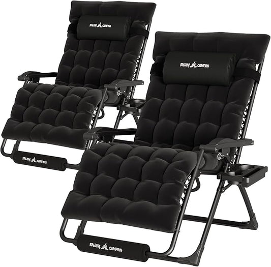 UDPATIO Oversized Zero Gravity Chair Set of 2, 33In XXL Patio Reclining Chair with Cushion, Outdoor Folding Recliner with Pillows|Cup Holder|Foot Rest|Padded Headrest, Black, Support 500LB