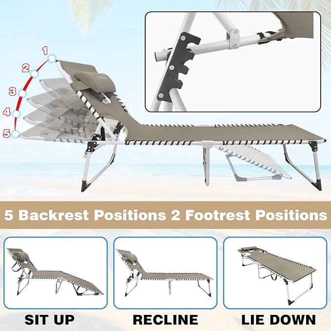 Sun Tanning Chair with Face Hole 5-Position Folding Lounge Chair Outdoor with Portable Beach Table for Poolside - Photo 3