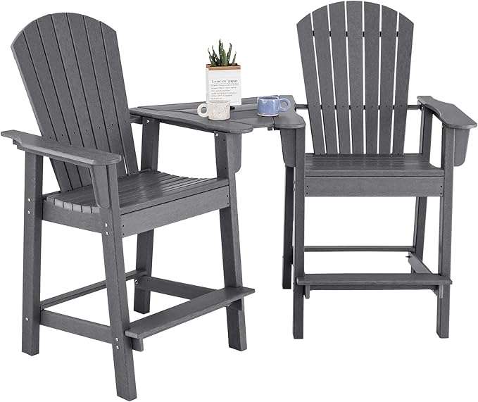 Giantex Tall Adirondack Chair Set of 2 - Outdoor HDPE Barstools w/Middle Connecting Tray & Umbrella Hole, Counter Height Bar Chair, Weather Resistant, Ideal for Patio, Backyard, Poolside (Grey)