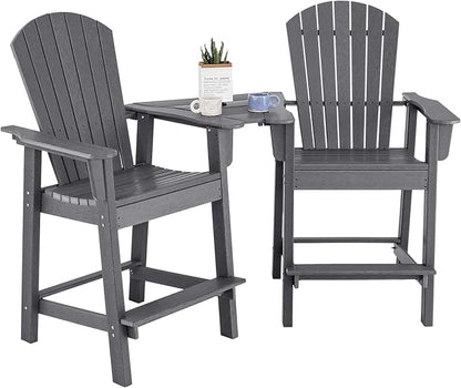 Giantex Tall Adirondack Chair Set of 2 - Outdoor HDPE Barstools w/Middle Connecting Tray & Umbrella Hole, Counter Height Bar Chair, Weather Resistant, Ideal for Patio, Backyard, Poolside (Grey)