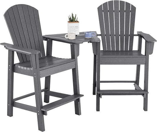 Giantex Tall Adirondack Chair Set of 2 - Outdoor HDPE Barstools w/Middle Connecting Tray & Umbrella Hole, Counter Height Bar Chair, Weather Resistant, Ideal for Patio, Backyard, Poolside (Grey)