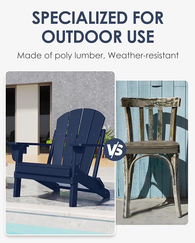 Folding Adirondack Chairs, All-Weather Resistant HDPE Patio Firepit Chairs, Sturdy Outside Chairs with Cup Holder, Lawn Chairs, 80% Pre-Installed Load Capacity 385lb, Navy Blue