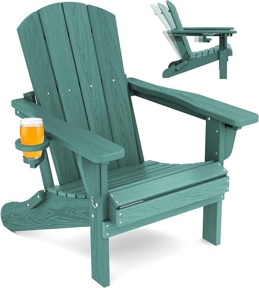 SERWALL Folding Adirondack Chair, Adirondack Outdoor Chair with Cup Holder, Adjustable HDPE Adirondack Chair with 3 Recline Positions, Light Green