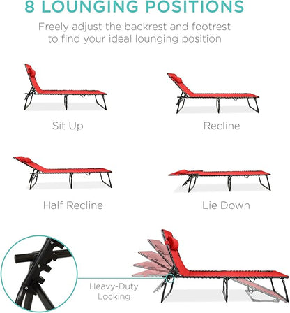 Best Choice Products Patio Chaise Lounge Chair, Portable Outdoor Folding Recliner for Lawn, w/ 8 Positions, Handles, 300lb Capacity - Red