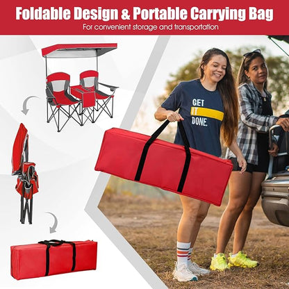 S AFSTAR Double Camping Chair w/Shade Canopy, 2-Person Folding Camp and Beach Chair with Mini Table Beverage Cup Holder Carrying Bag, Collapsible Camping Chairs for Garden Patio Pool Beach