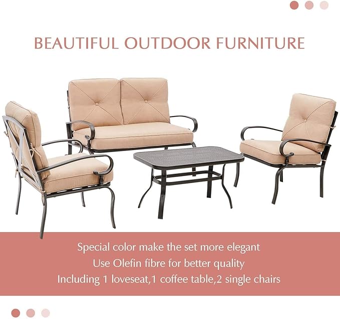 Outdoor Furniture Patio Conversation Set Loveseat, 2 Chairs, Coffee Table with Cushion, Lawn Front Porch Garden - Photo 5