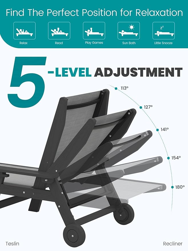 SERWALL Textilene Patio Chaise Lounge Chair Set of 2, 5 Positions Outdoor Lounger with Rolling Wheels for Pool, Deck - Photo 4