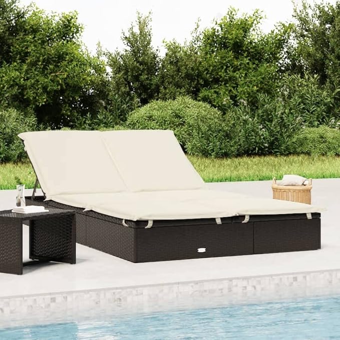 2-Person Outdoor Chaise Lounge Sunbed 79.1 x 43.3 x 24.4 in Black Cream PE Rattan Recliner with Adjustable Backrest for - Photo 1