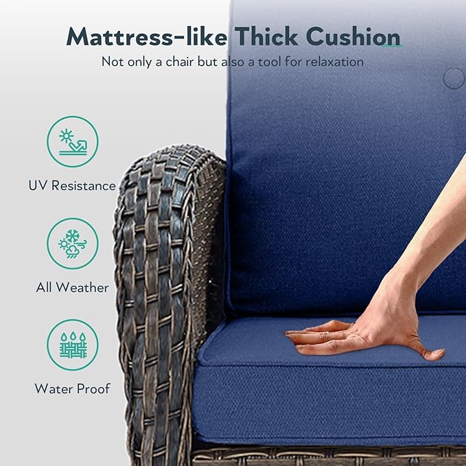 Patio Rocking Chair - 5 Peices Outdoor Wicker Rocker Porch Chair Set with Tempered Glass Side Table, and 2 Ottoman, Rattan Seating for Balcony Garden Brown/Blue