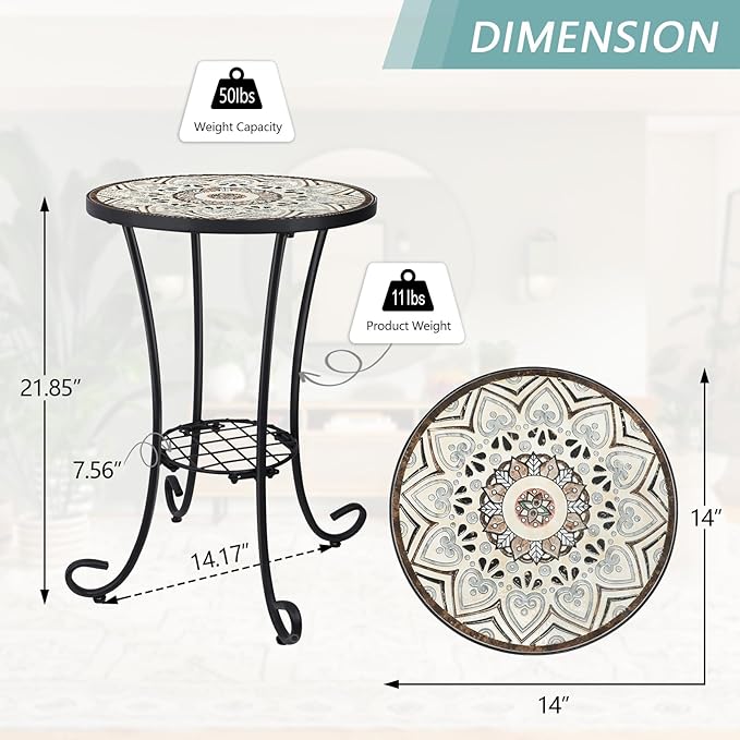 VCUTEKA Outdoor Side Table Mosaic Patio Table Accent Tables Mosaic Tile Top Metal Frame Small End Tables Porch Beach Patio Garden Balcony Brown 14''