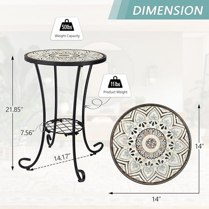 VCUTEKA Outdoor Side Table Mosaic Patio Table Accent Tables Mosaic Tile Top Metal Frame Small End Tables Porch Beach Patio Garden Balcony Brown 14''