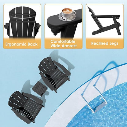 IVY&LANE Folding-Adirondack-Chair | HDPE Plastic | Outdoor Fire Pit Chairs with Cup Holder | Black | Poly | Weather Resistant | for Patio Deck Poolside Garden Beach
