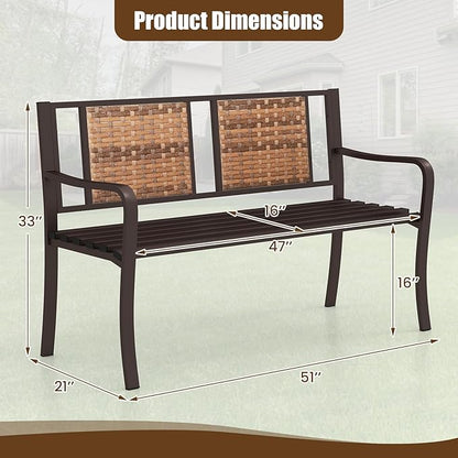 Tangkula Patio Garden Bench with Wicker Backrest, Outdoor Park Bench Chair with Powder Coated Steel Frame, Bench Loveseat for Outdoor Garden, Backyard, Lawn, Porch, Path, Deck